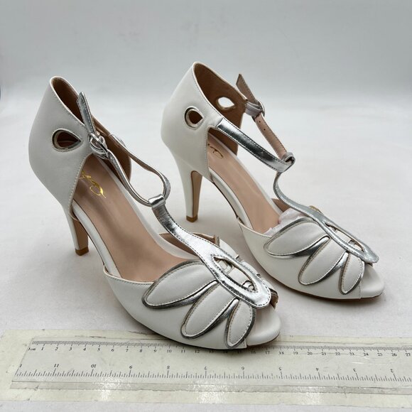 XYD White Dance Ballroom Latin Jazz Mid Heels Peep Toe T-Strap Butterfly Sandals - Picture 4 of 8